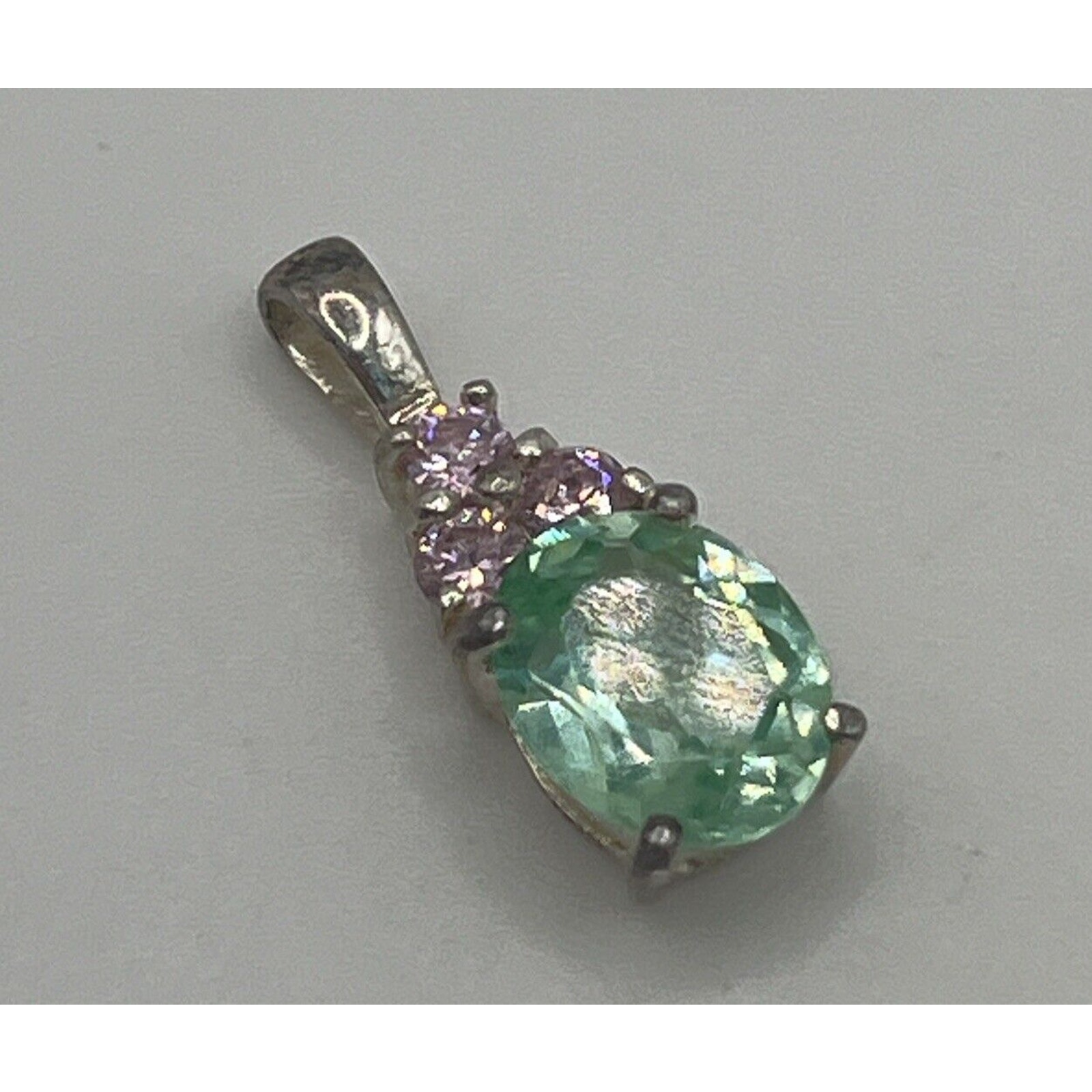 Vintage 925 Sterling Silver Green Pink Glass Pendant